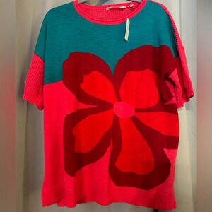 Soft Surroundings floral color block short sleeve sweater top women’s large
